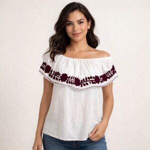 Nativa White Burgundy Floral Embroidered Cottagecore Hispanic Mexican Top Size L